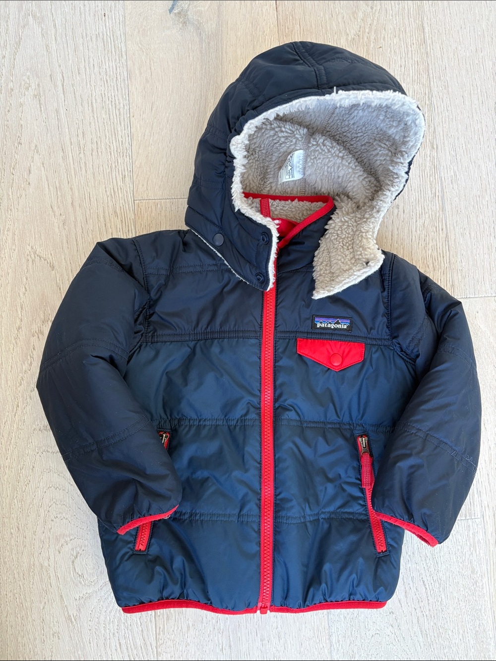 Patagonia Kids Navy Puffer Jacket with Red Trim
